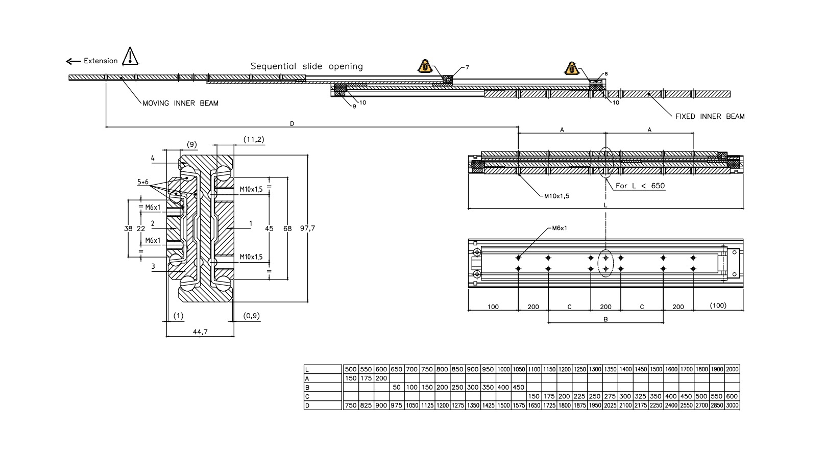 Drawer Slide, steel, extension lenght  =2550 mm and load capacity of 270 kg