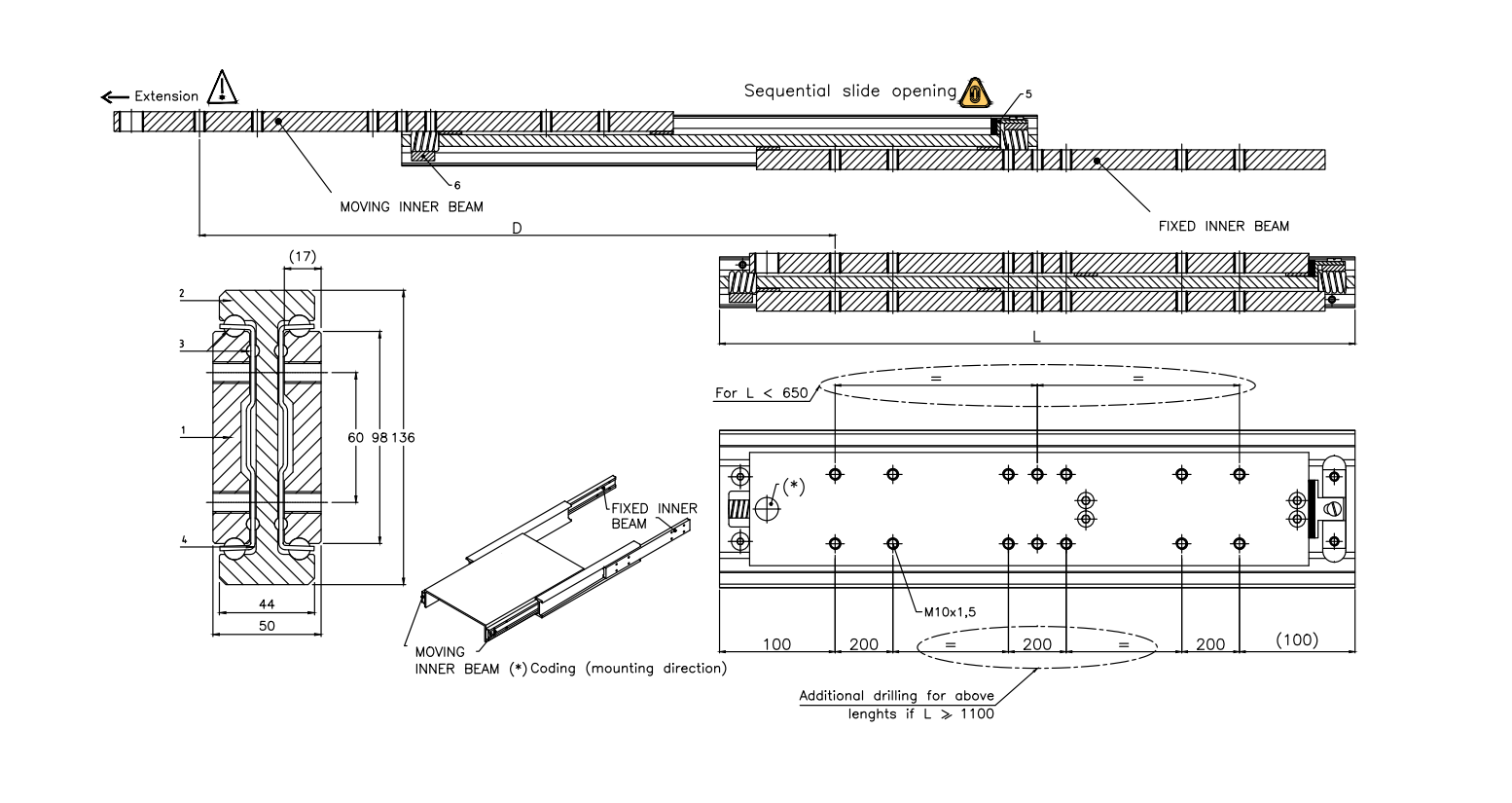 Drawer Slide, steel, extension lenght  =650 mm and load capacity of 920 kg