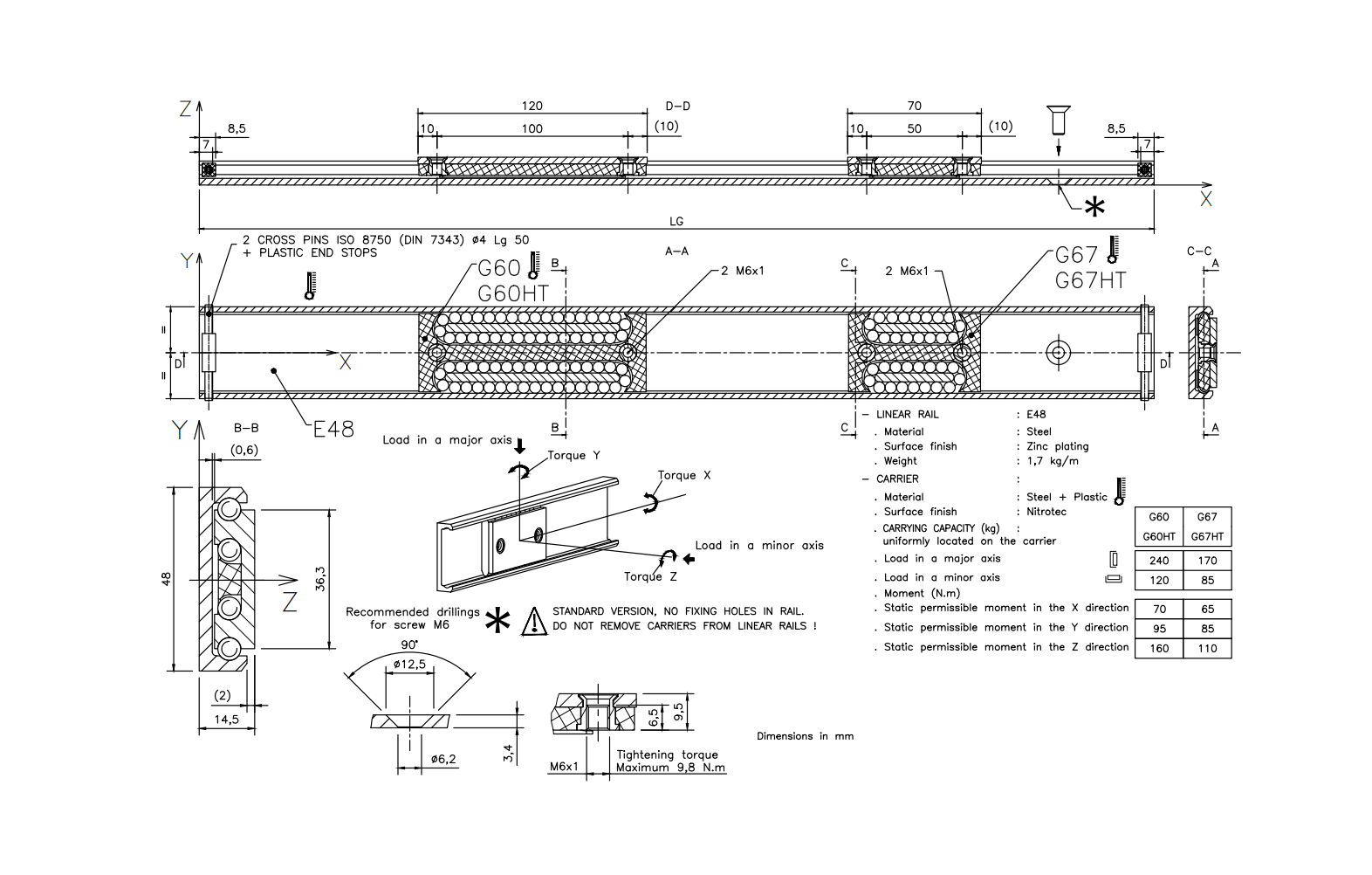 Rail, steel, length =2000 mm