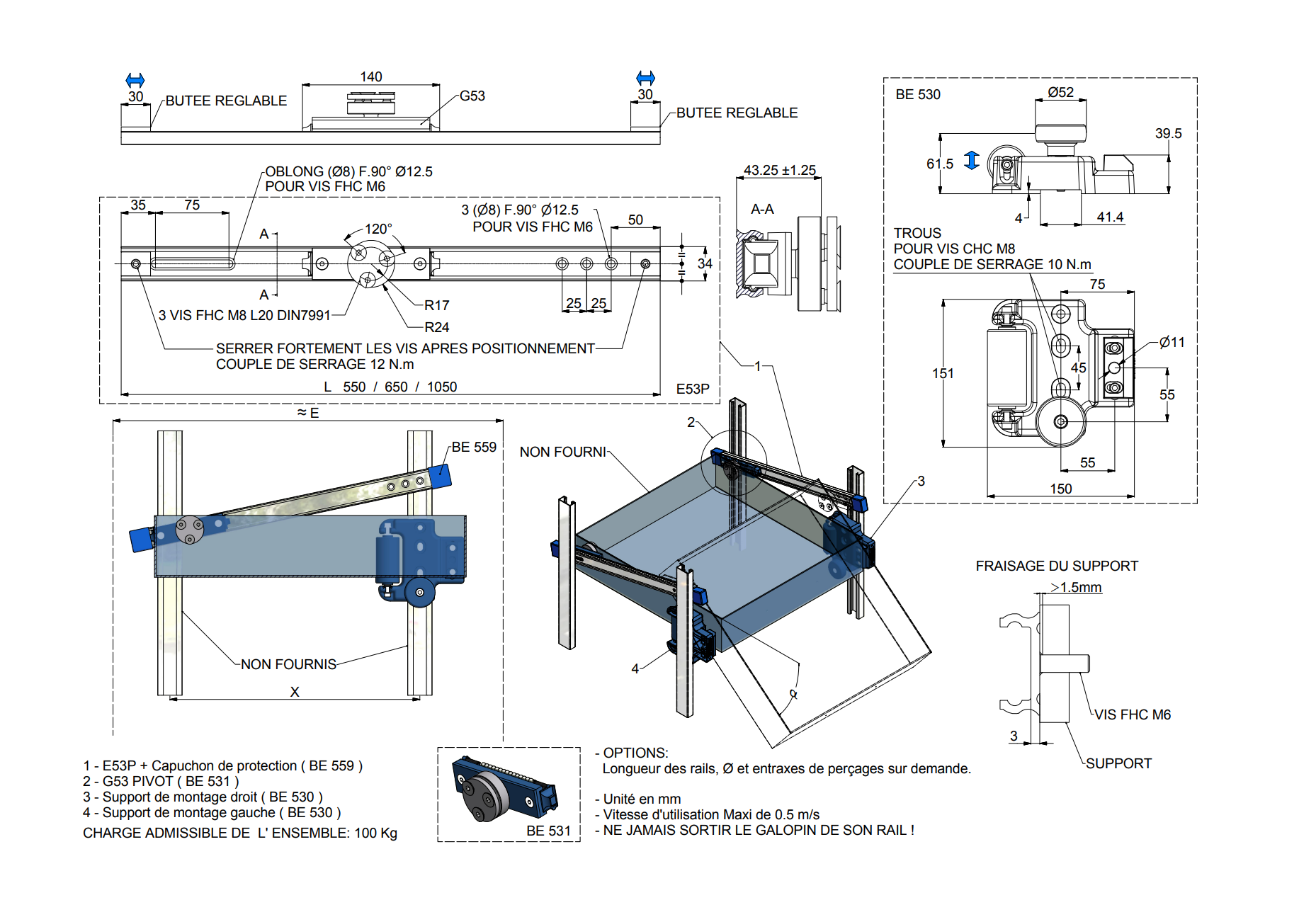 Sliding rail, steel, length =650 mm, load capacity = 100kg