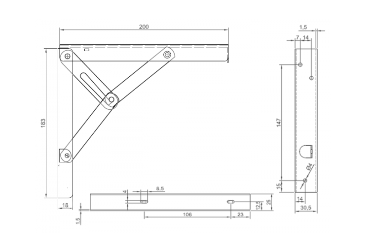 Folding bracket, steel, L=200mm, H=183mm, B=30,5mm, Ø4mm holes