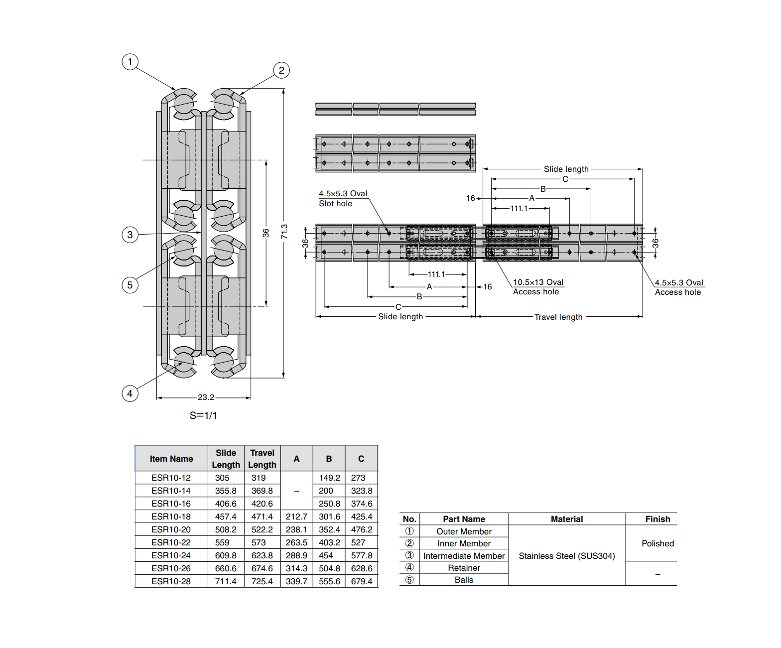 Drawer Slide, stainless steel, extension lenght  =471,4 mm and load capacity of 250 kg