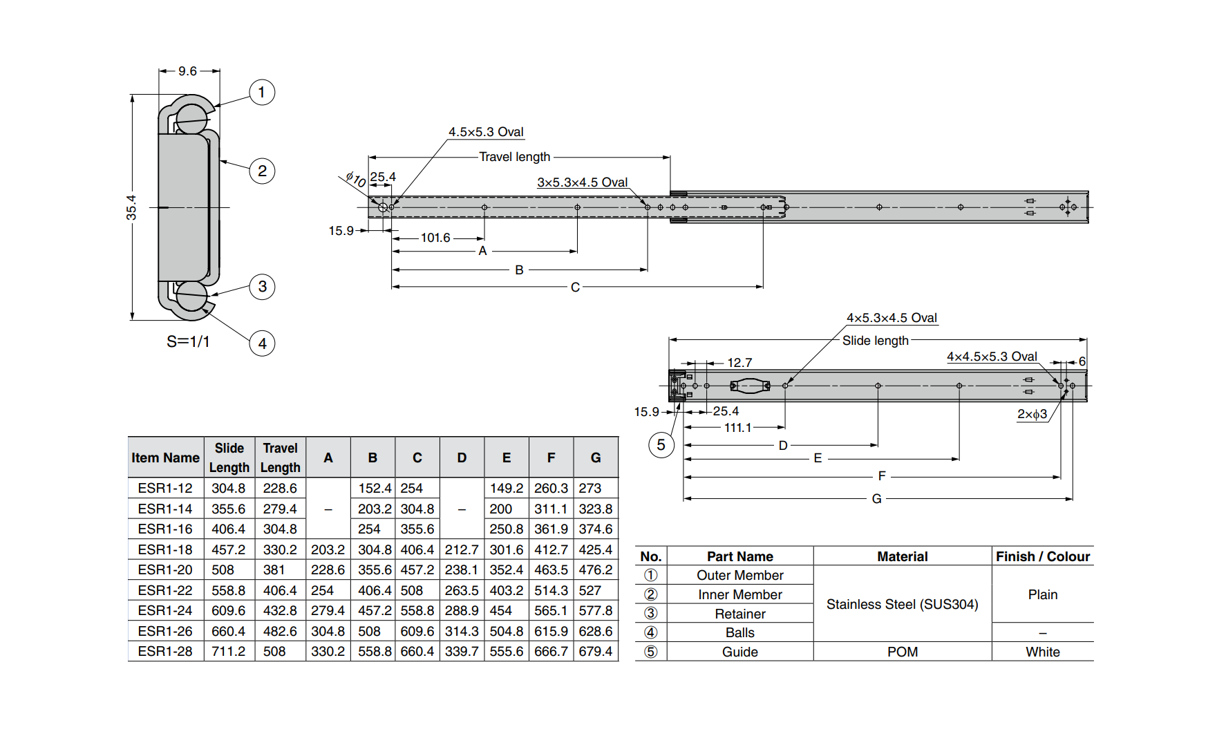 Drawer Slide, stainless steel, extension lenght  =279,4 mm and load capacity of 47 kg