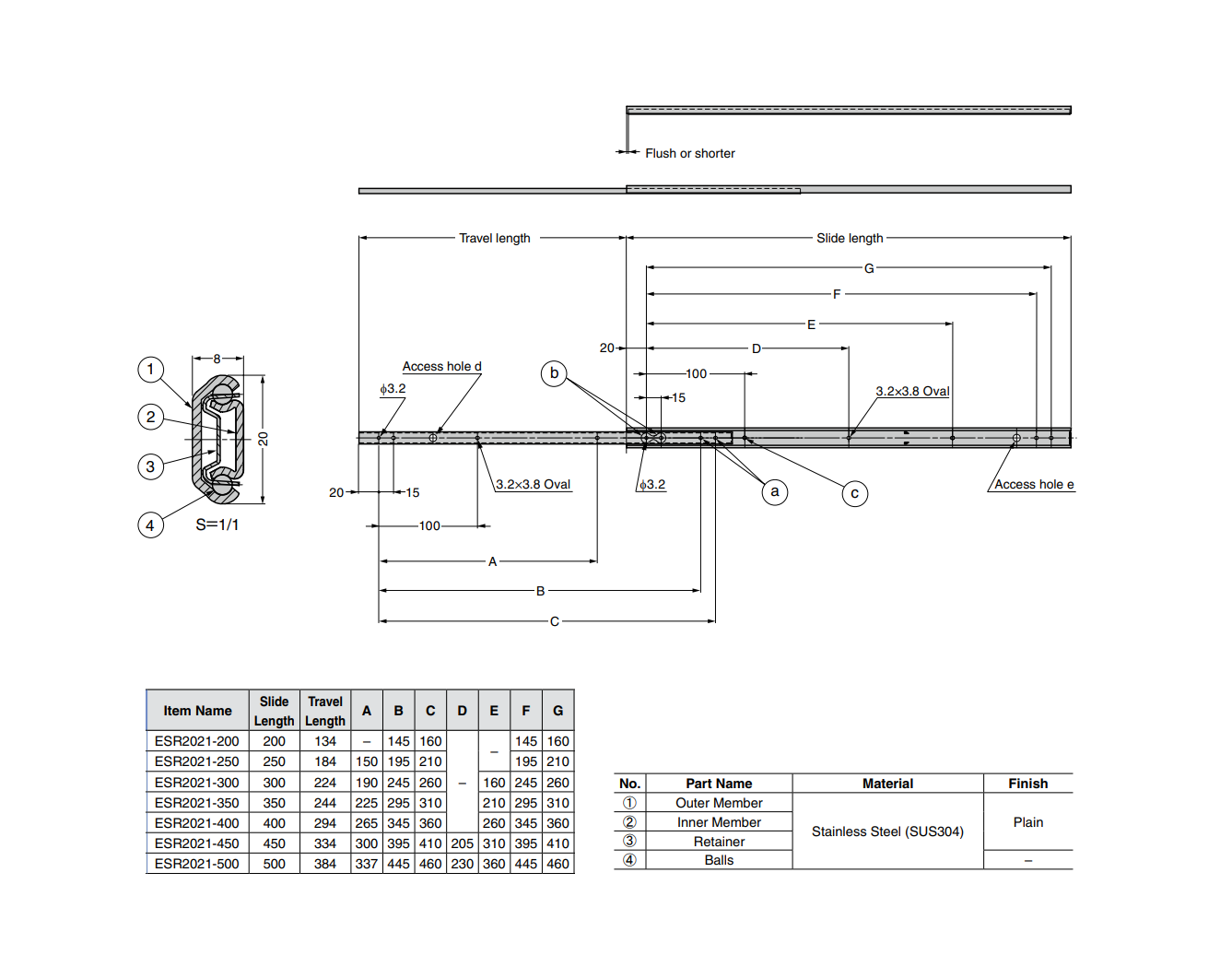 Drawer Slide, stainless steel, extension lenght  =334 mm and load capacity of 13 kg