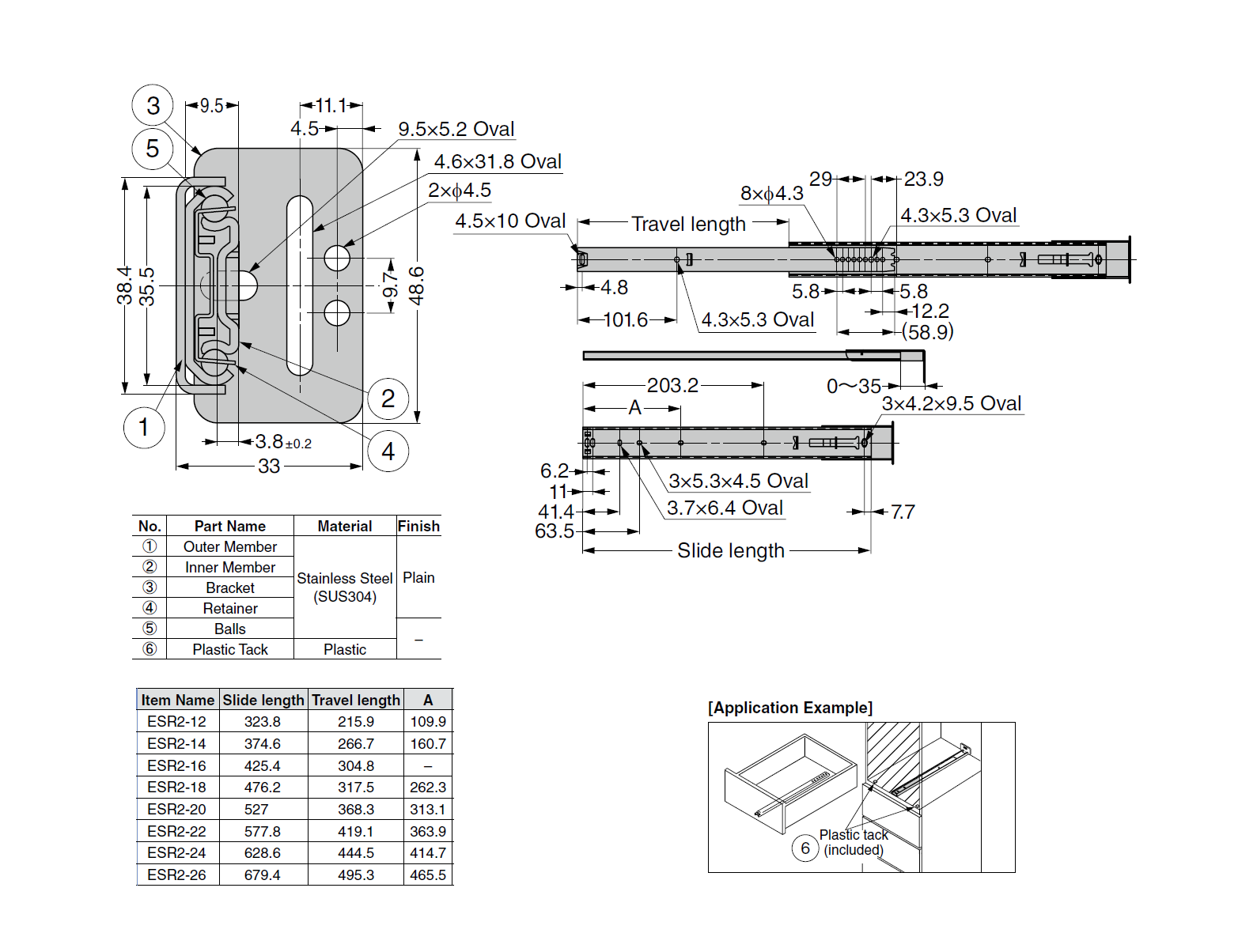 Drawer Slide, stainless steel, extension lenght  =304,8 mm and load capacity of 7 kg