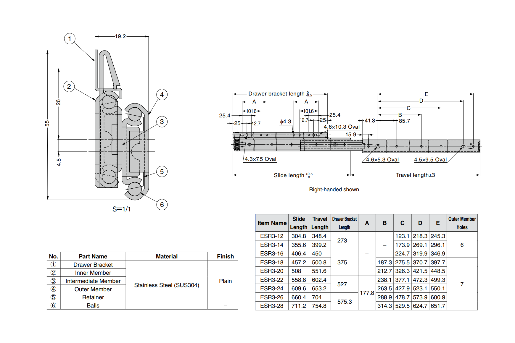 Drawer Slide, stainless steel, extension lenght  =653,2 mm and load capacity of 48 kg