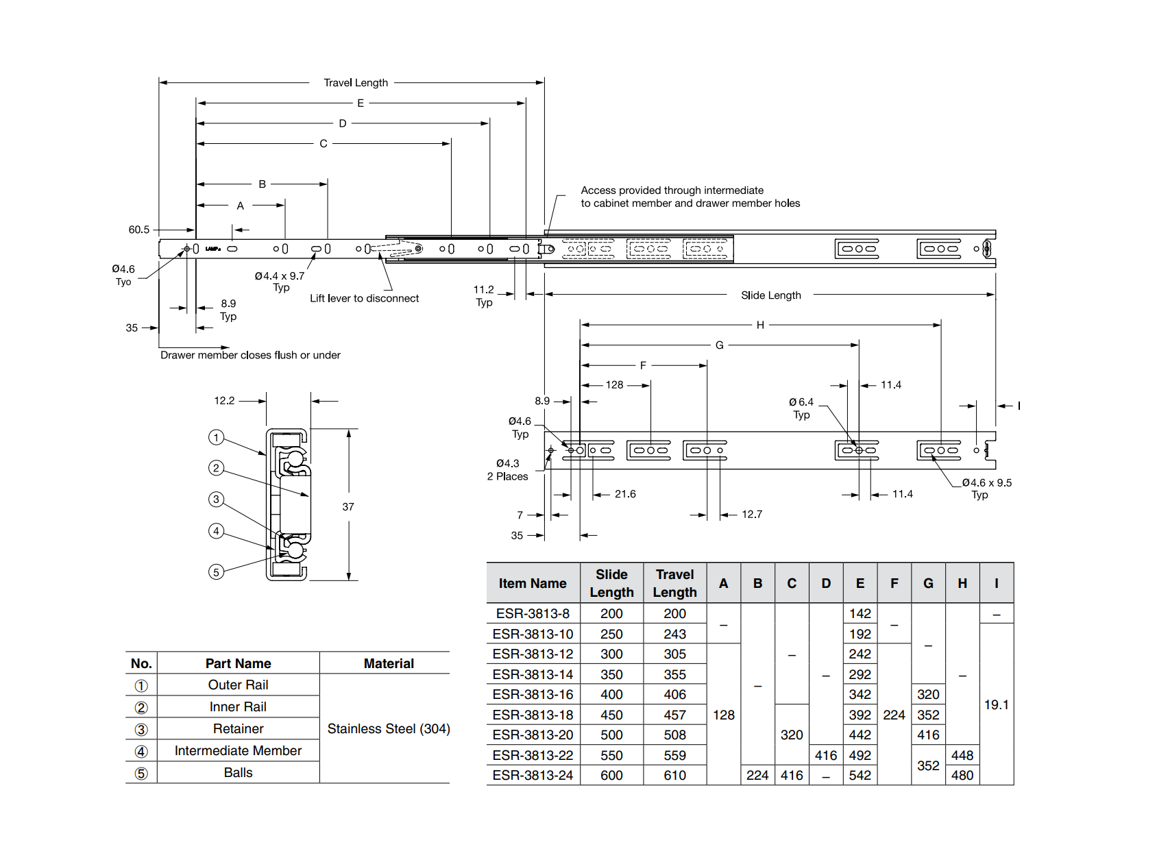 Drawer Slide, stainless steel, extension length =610 mm and load capacity of 29 kg
