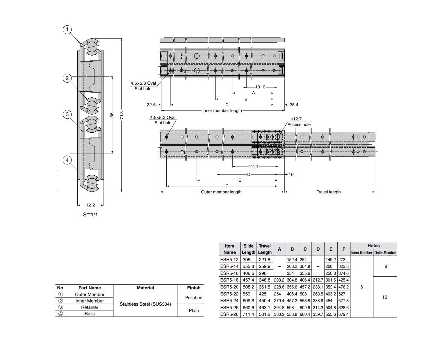 Drawer Slide, stainless steel, extension lenght  =298 mm and load capacity of 104 kg