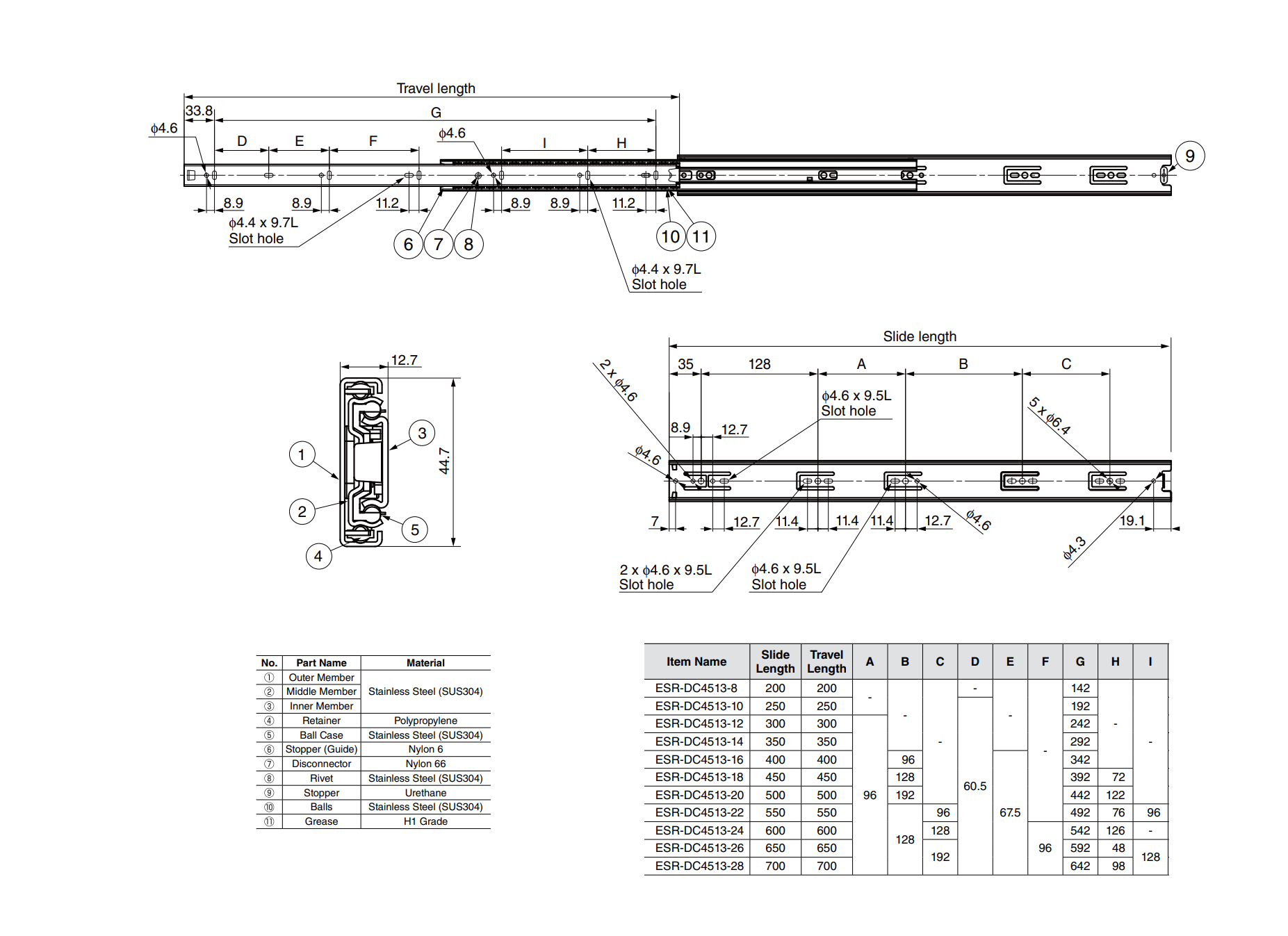 Drawer Slide, stainless steel, extension length =550 mm and load capacity of 43 kg