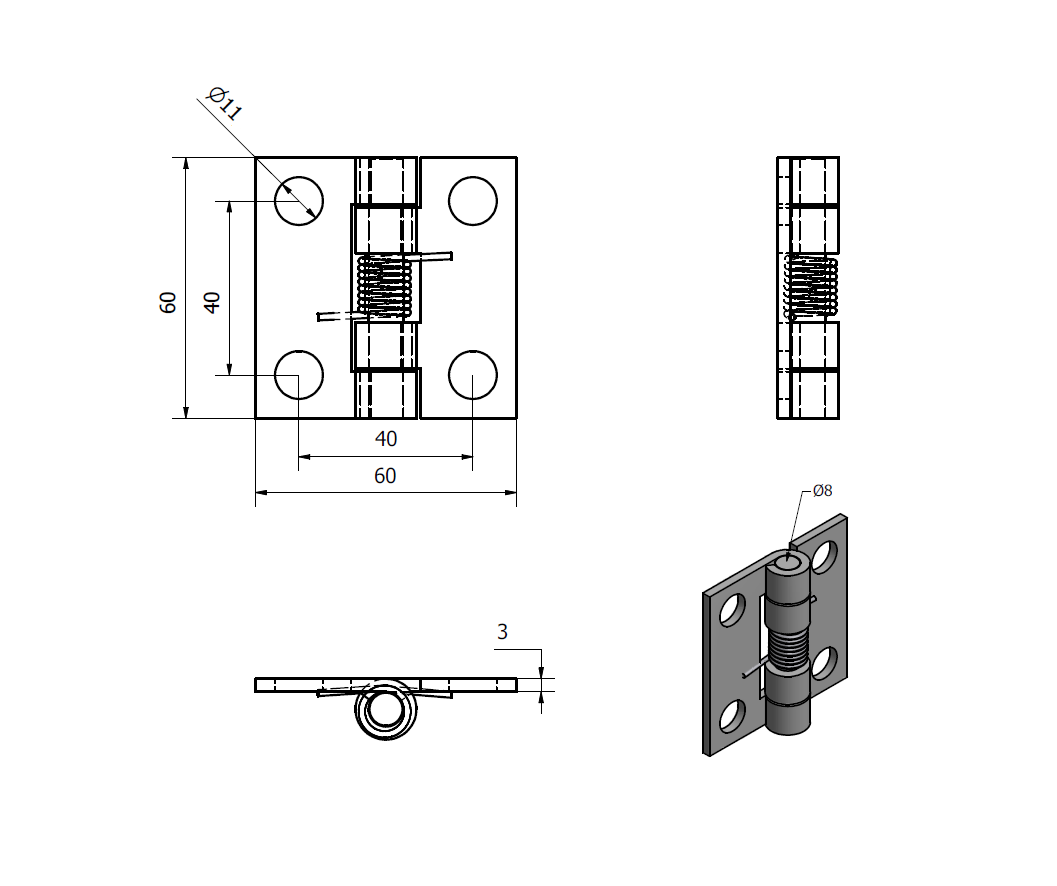 Spring hinge, acid proof stainless steel, open, not adjustable, L=60, B=60, H=14