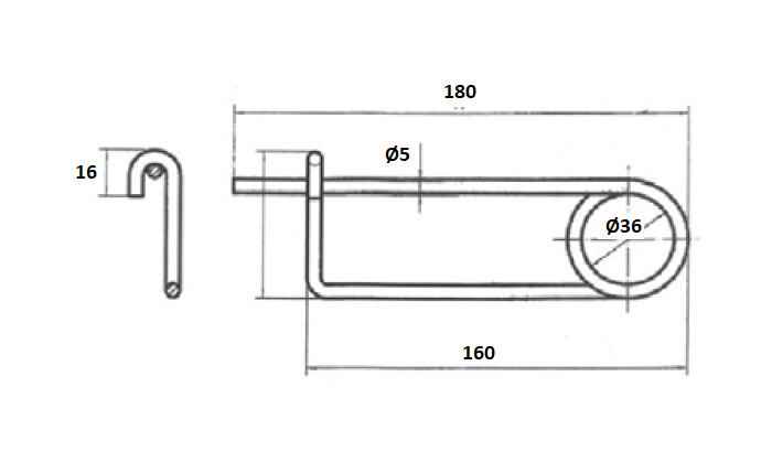 Closed sealing pin, electro zinc plated steel, L=180mm, H=36mm, tread diameter=5mm
