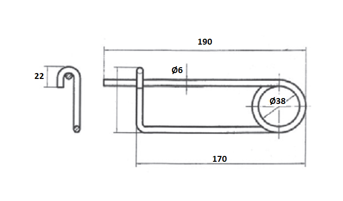Closed sealing pin, electro zinc plated steel, L=190mm, H=38mm, tread diameter=6mm