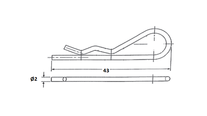 Open sealing pin, untreated acid proof stainless steel, L=43mm, H=13mm, tread diameter=2mm