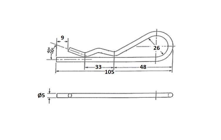 Open sealing, acid proof stainless steel, L=105mm, H=36mm, tread diameter=5mm