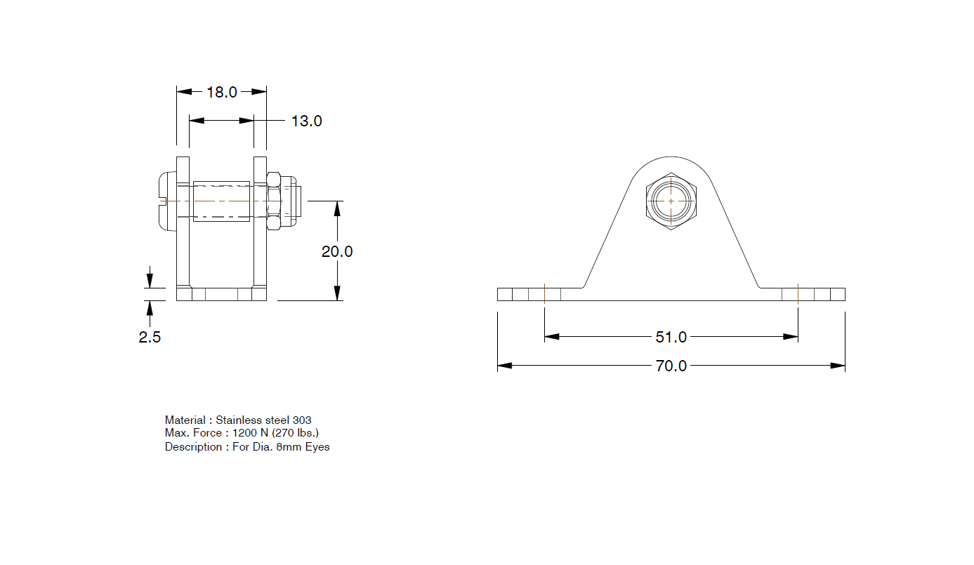 Bracket, stainless steel, u-shape axis, axis diameter = 8 mm
