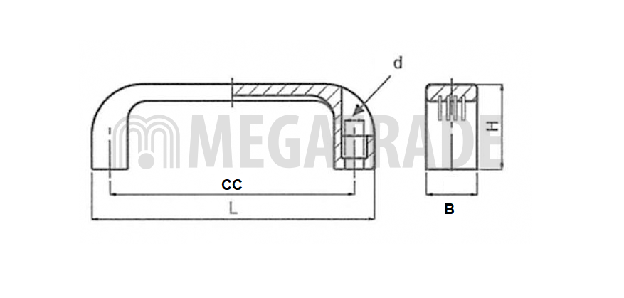 Bridge handle, glass fiber reinforced polyamide, L=140, B= 24, H= 40,5