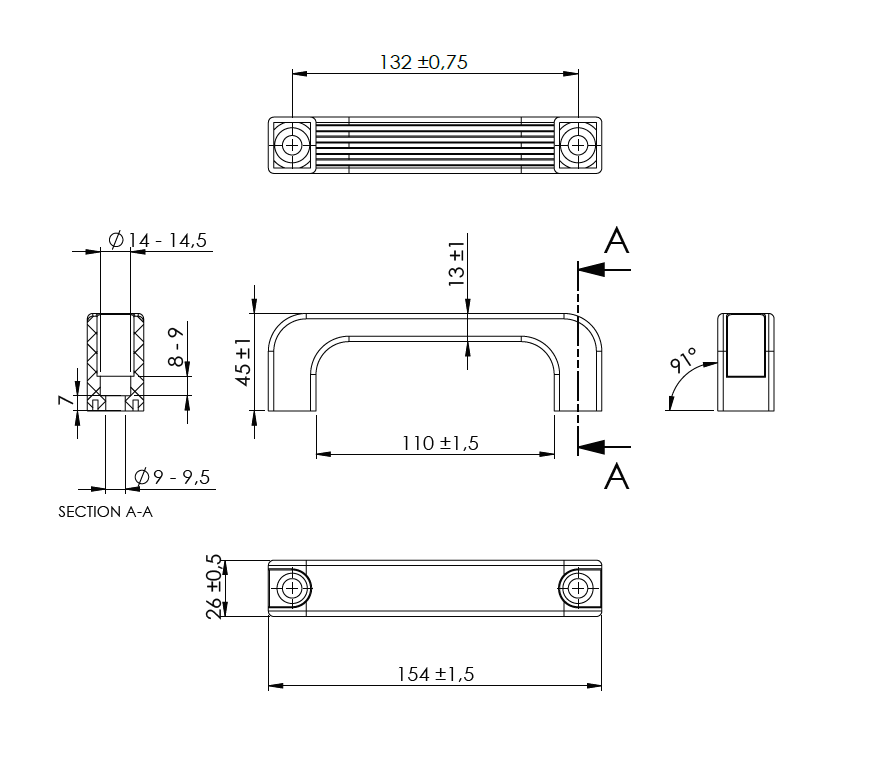 Bridge handle, glass fiber reinforced polyamide, L=154, B= 26, H= 45