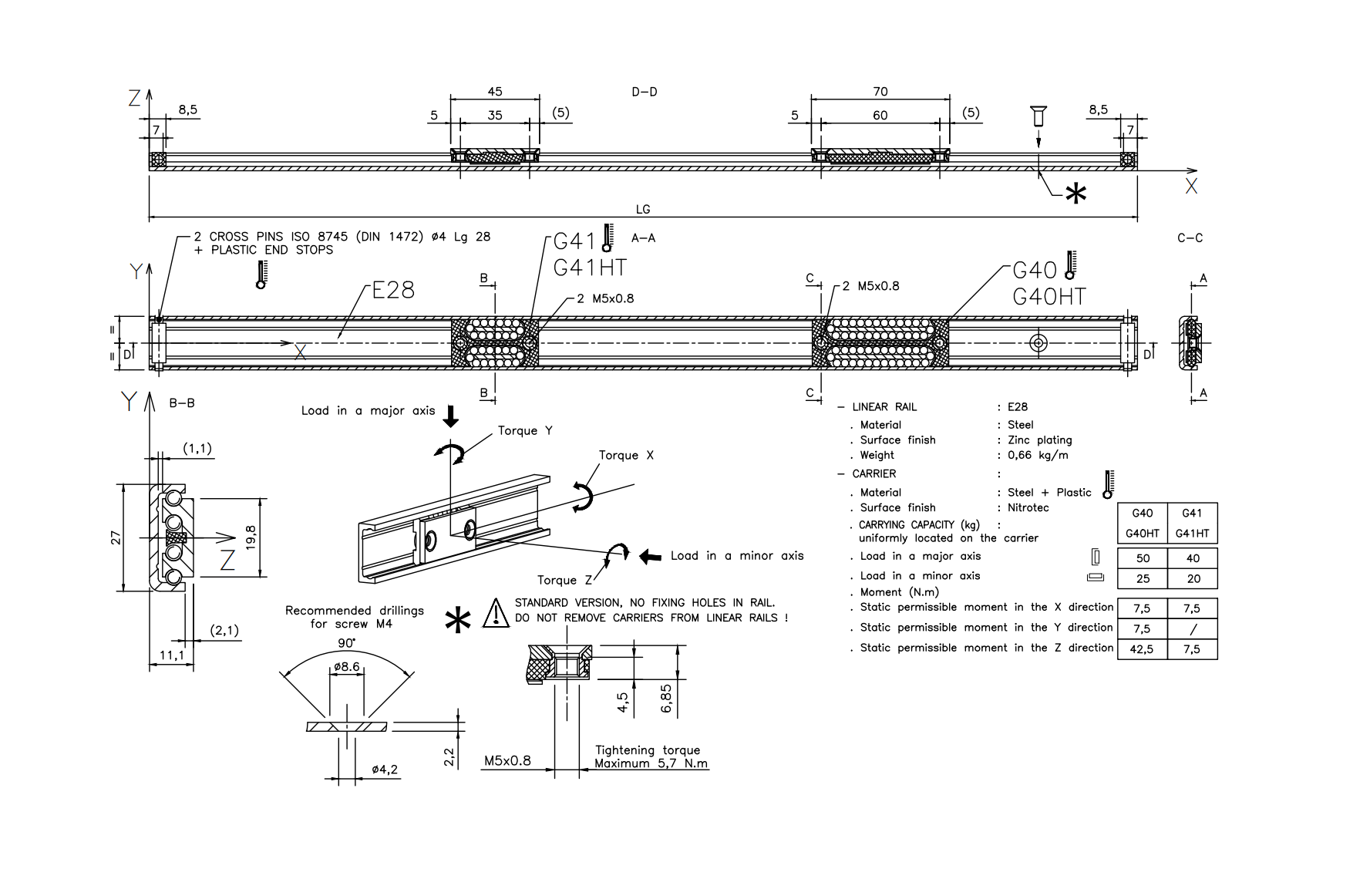 Carrier, steel, length =70 mm, load capacity = 50kg