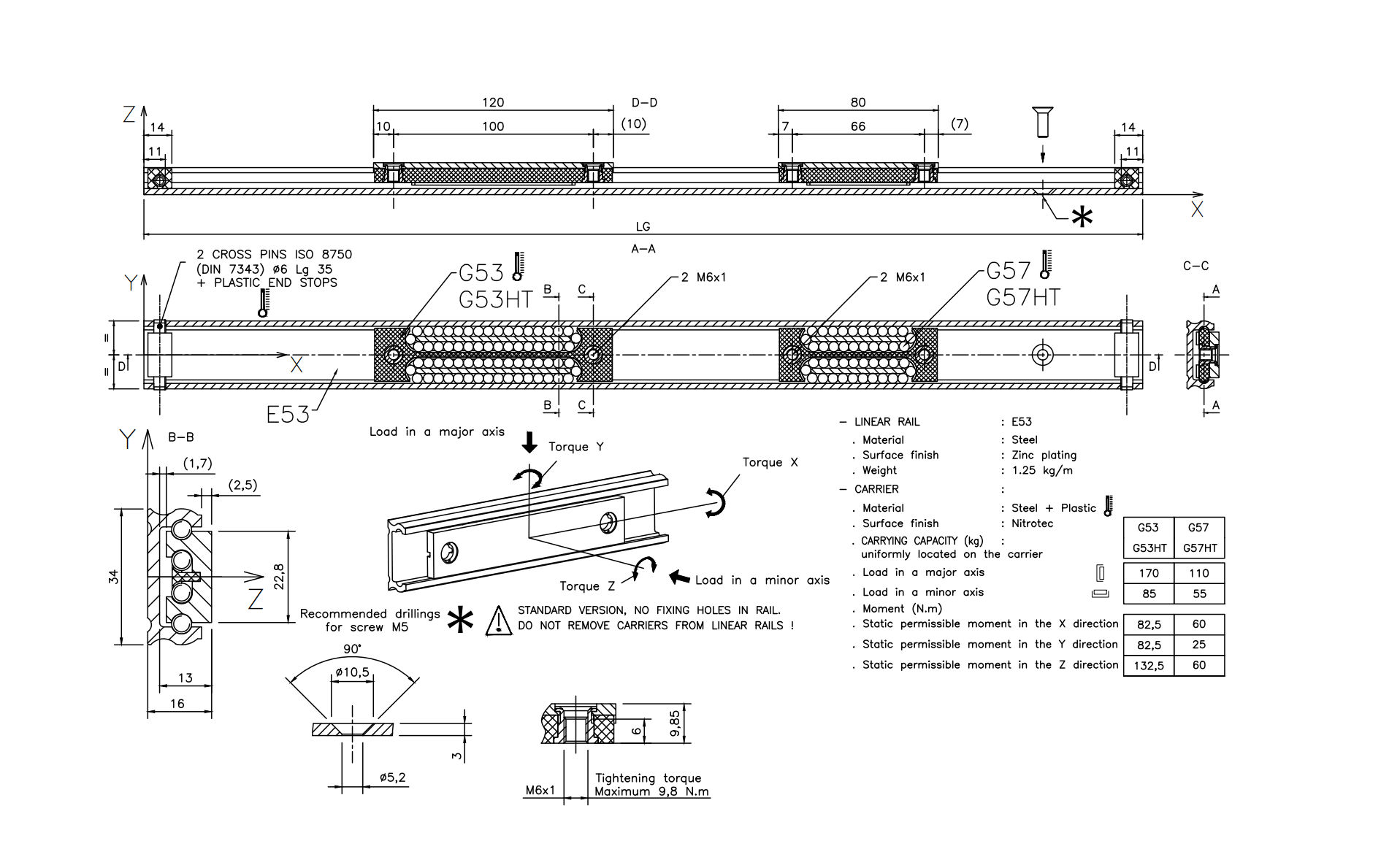Carrier, steel, length =120 mm, load capacity = 170kg