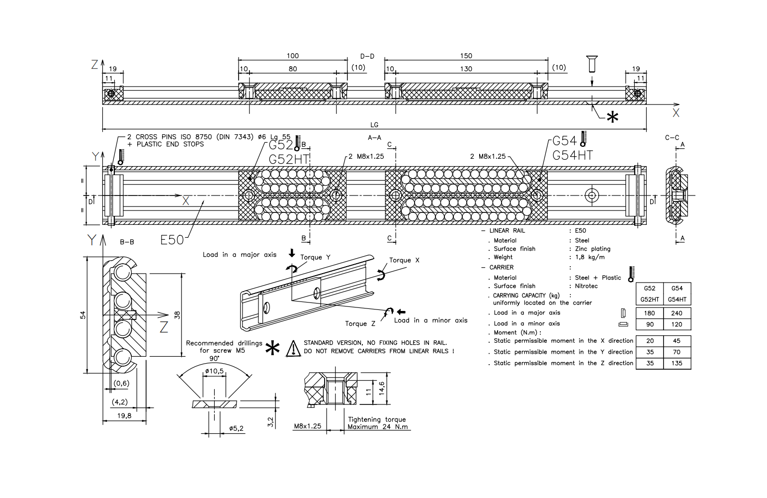 Carrier, steel, length =150 mm, load capacity = 240kg