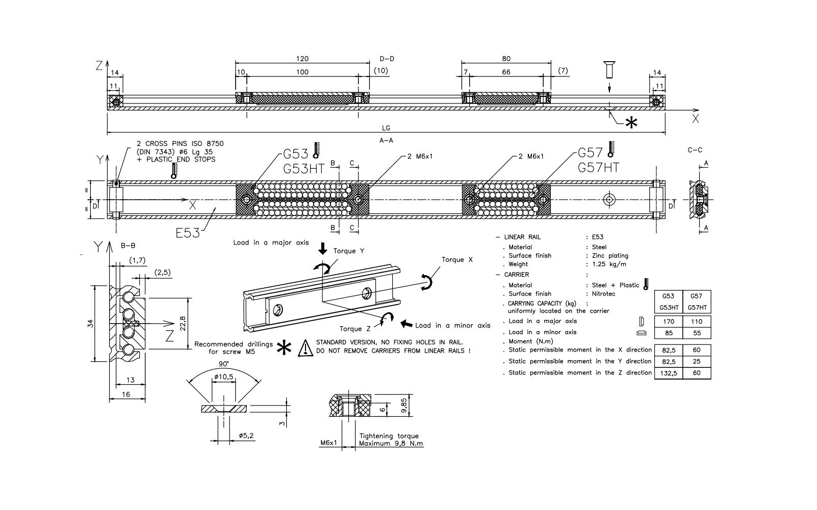 Carrier, steel, length =80 mm, load capacity = 110kg