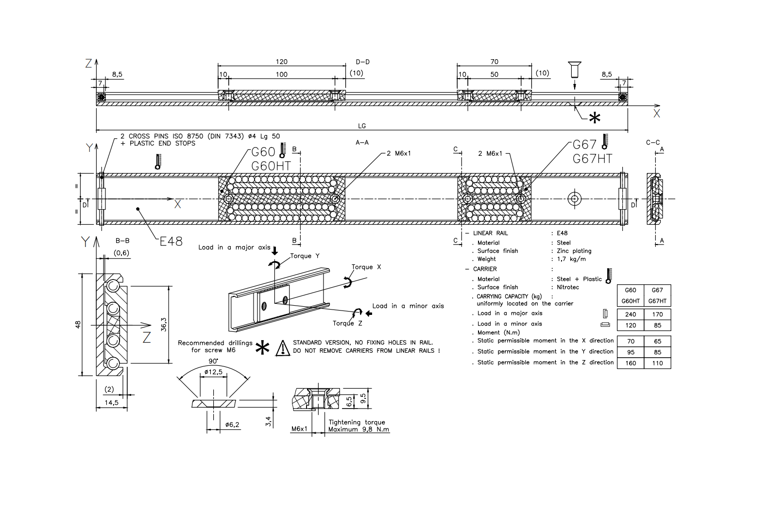 Carrier, steel, length =120 mm, load capacity = 240kg
