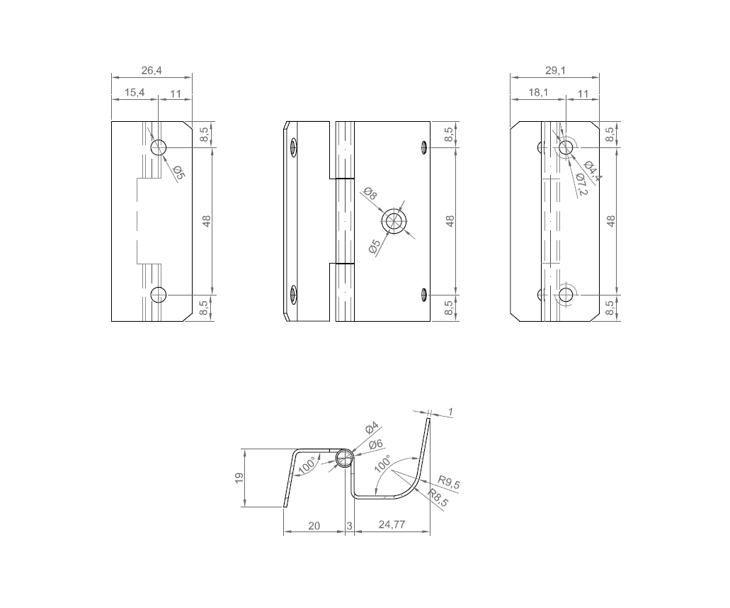 Butt hinge w/holes, acid proof stainless steel, L=65, B=48, T=1
