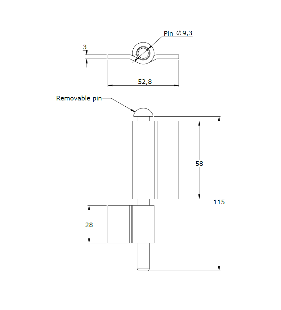 Butt hinge w/o holes, steel, L=115, B=52,8, T=3