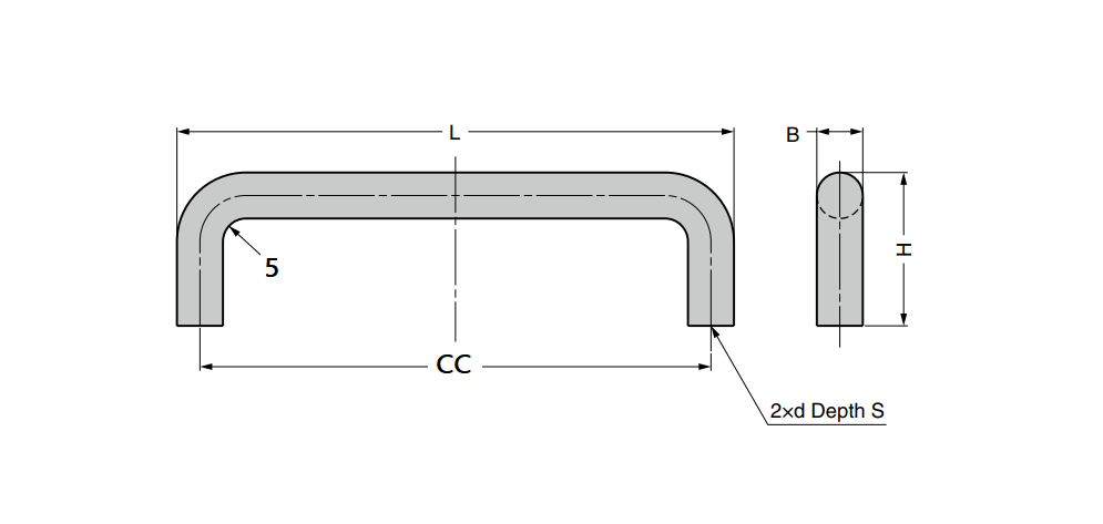 Bridge handle, stainless steel, L=130, B=10, H=40