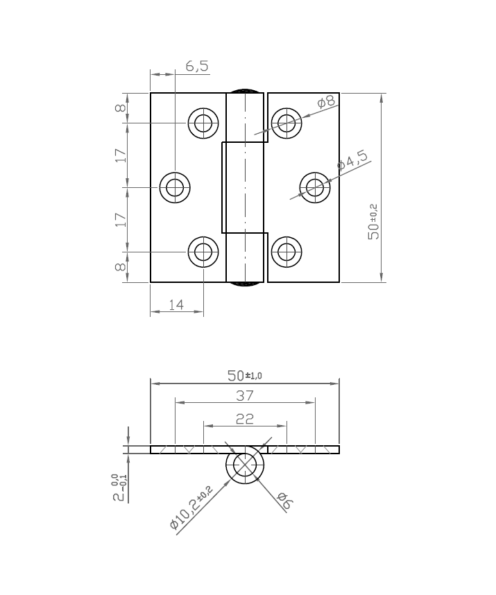 Butt hinge w/holes, stainless steel, L=50, B=50, T=2