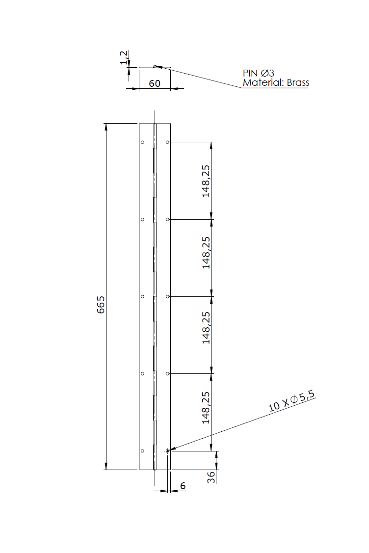 Piano hinge w/holes, steel, L=665, B=60, T=1,2