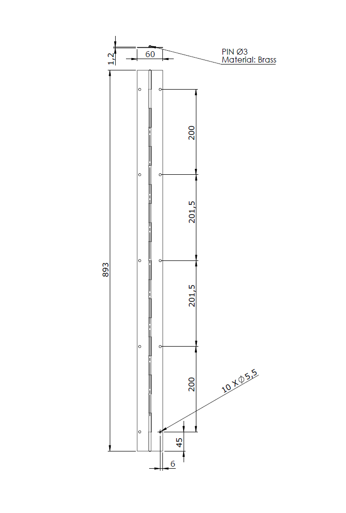 Piano hinge w/holes, steel, L=893, B=60, T=1,2