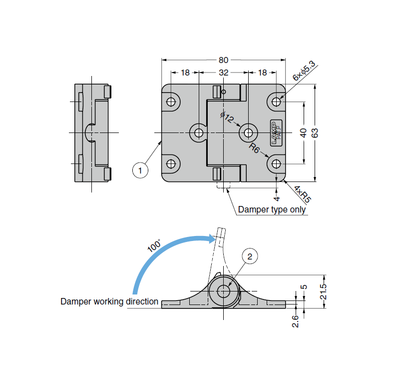 Hinge with damping, aluminium, inside mounting, torque=2,5, L=63, B=80