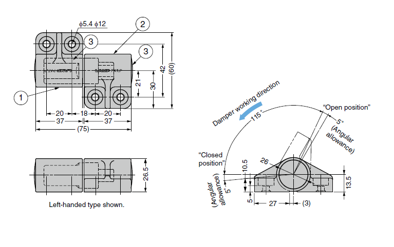 Hinge with damping, pbt plastic, top mounting, torque=7, L=75, B=60