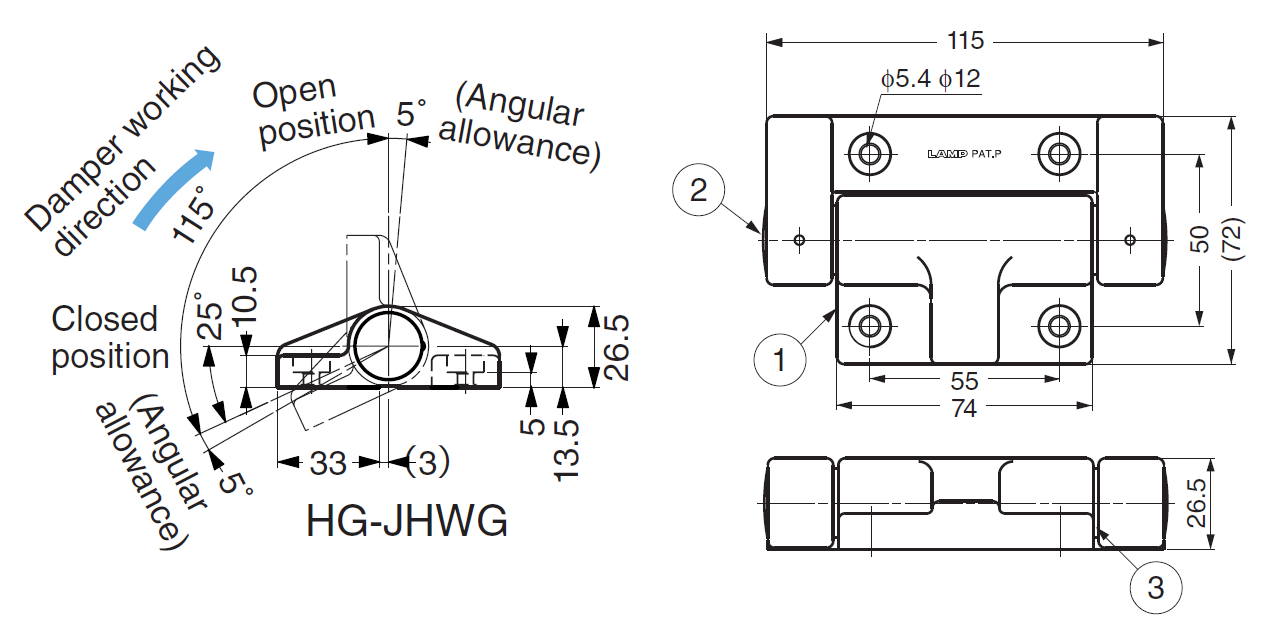 Hinge with damping, pbt plastic, inside mounting, torque=5, L=115, B=72