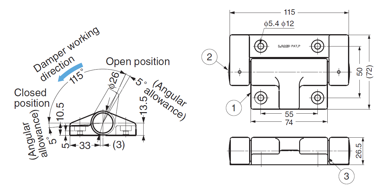Hinge with damping, pbt plastic, top mounting, torque=7, L=115, B=72
