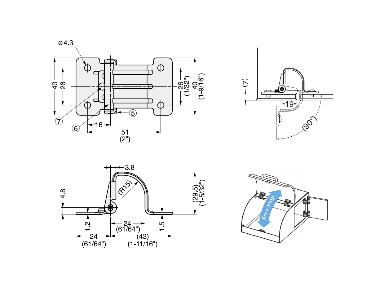 Friction hinge, stainless steel, not adjustable, L=40, B=67, H=29,5