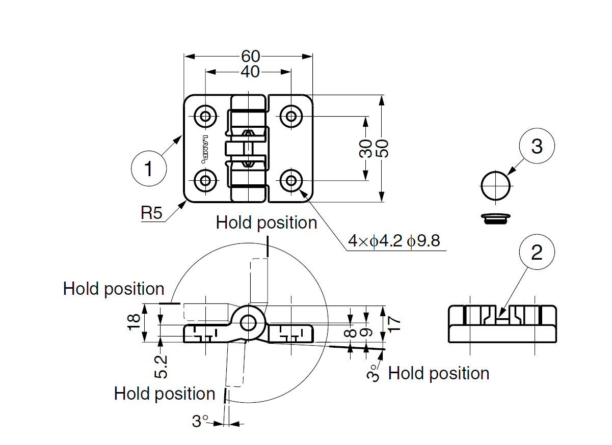 Detent hinge, white pom plastic, L=50, B=60, H=17