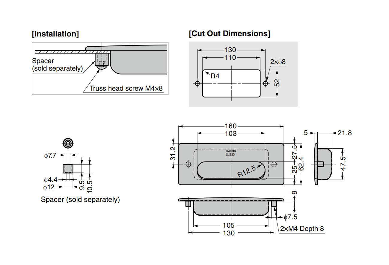 Flush Handles, screw mounting, acid proof stainless steel, H= 62,4mm, B= 160mm