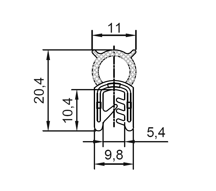 Edge profile w/top bulb, black EPDM, clamping width = 1 - 3 mm