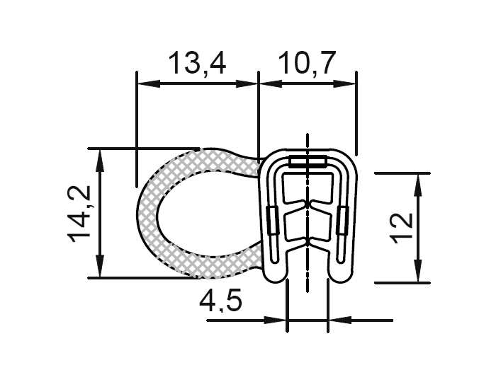 Edge profile w/side bulb, black EPDM, clamping width = 1,5 - 3,5 mm