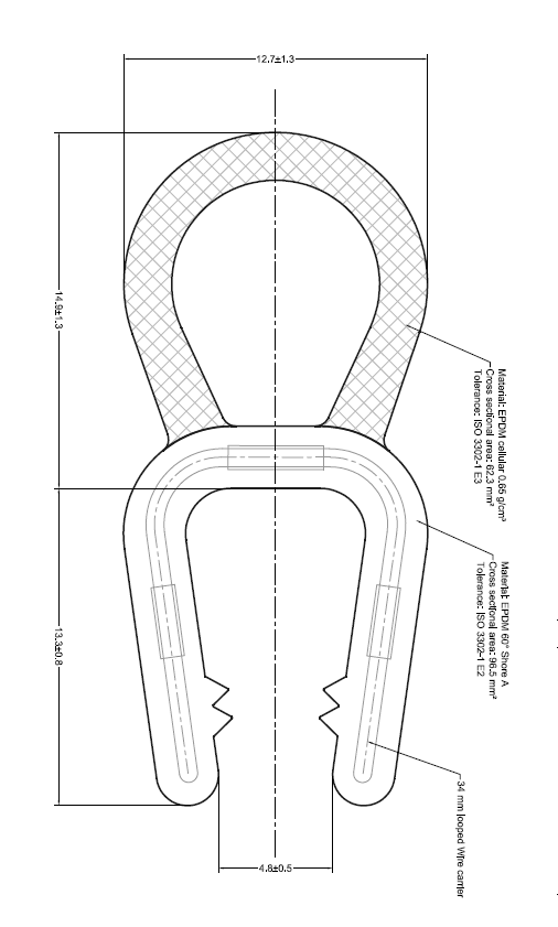 Edge profile w/top bulb, EPDM, clamping width = 5 - 7mm