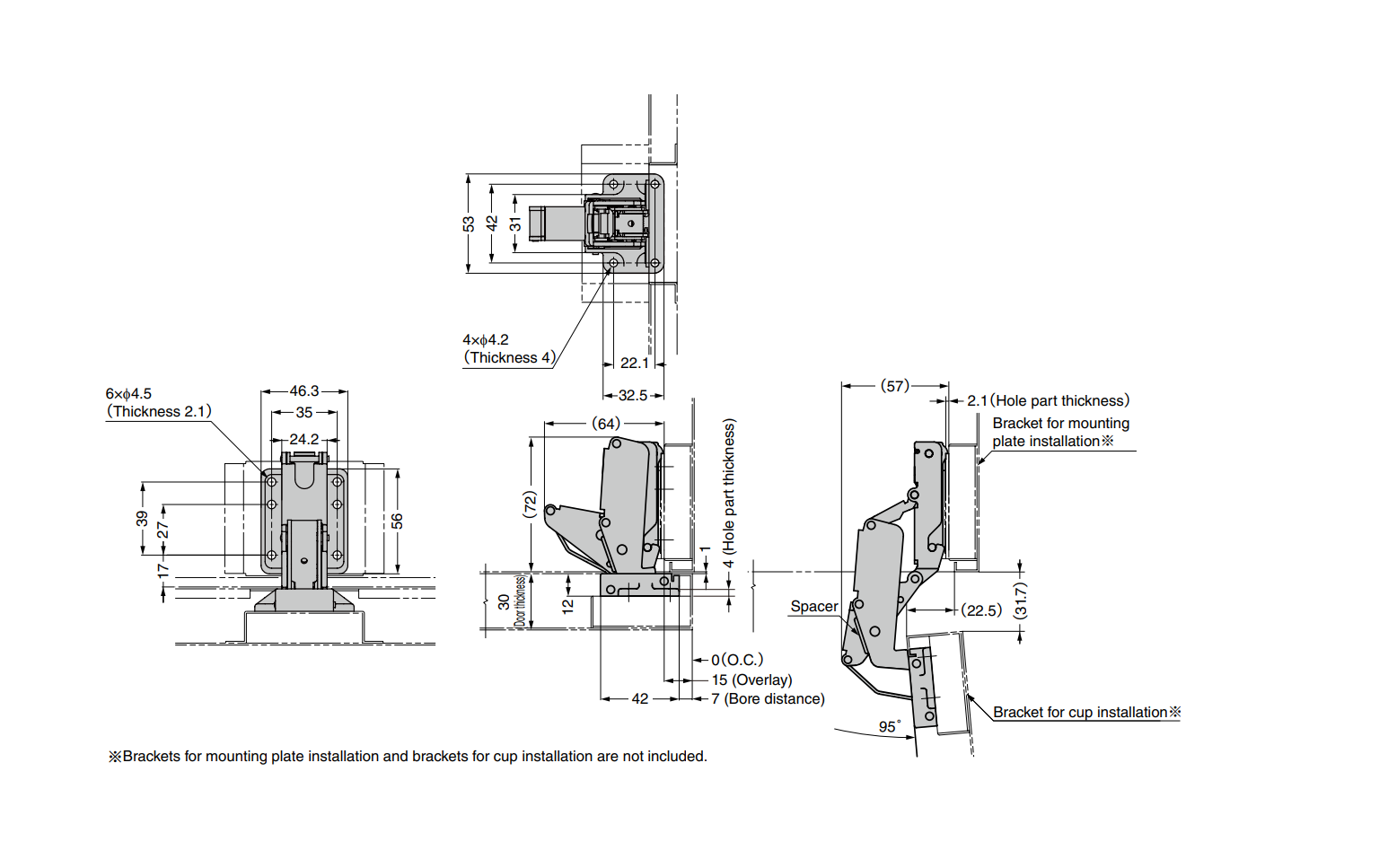 Cabinet hinge, steel, flush door - concealed, fixed pin, L=53, B=152, H=57