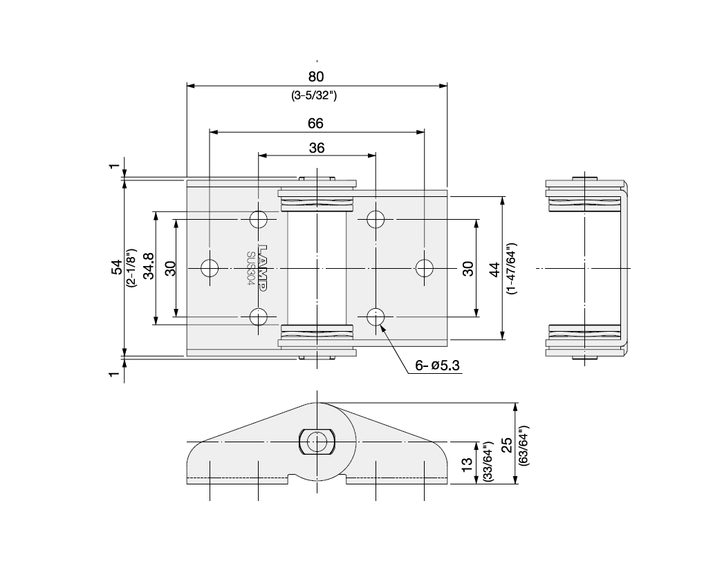 Friction hinge, stainless steel, not adjustable, L=54, B=80, H=25