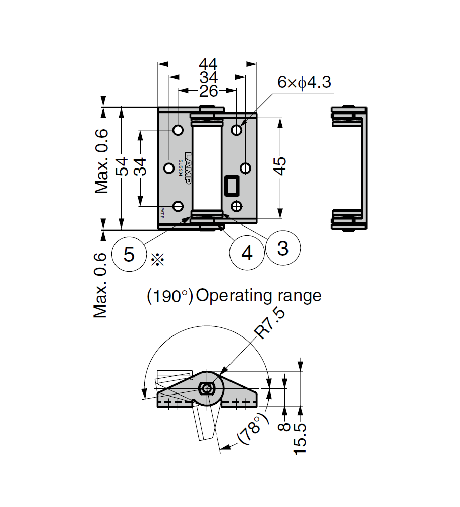 Friction hinge, stainless steel, not adjustable, L=54, B=44, H=15,5