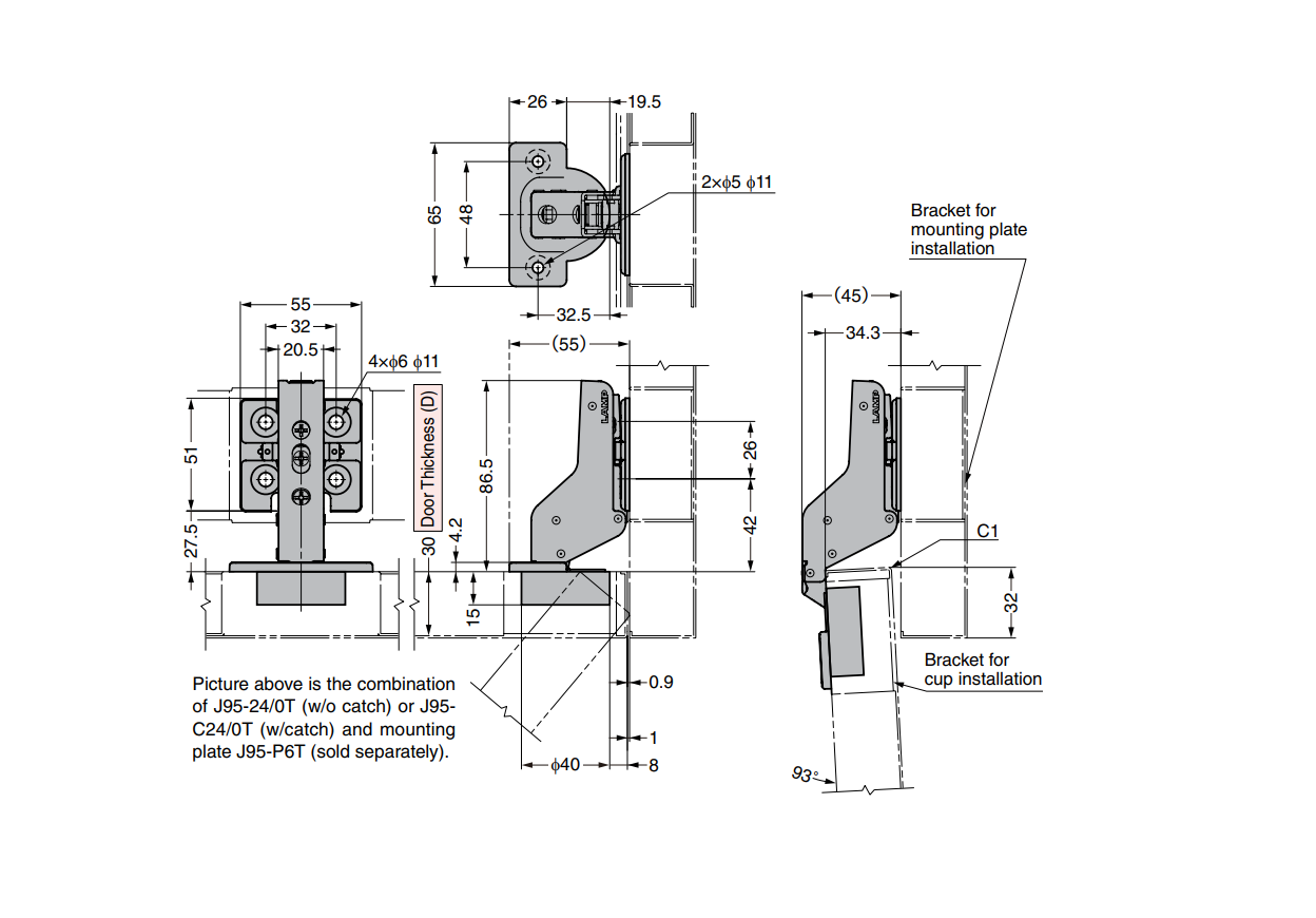 Cabinet Hinge, steel, flush door - concealed, fixed pin, L=65, B=141,5, H=45
