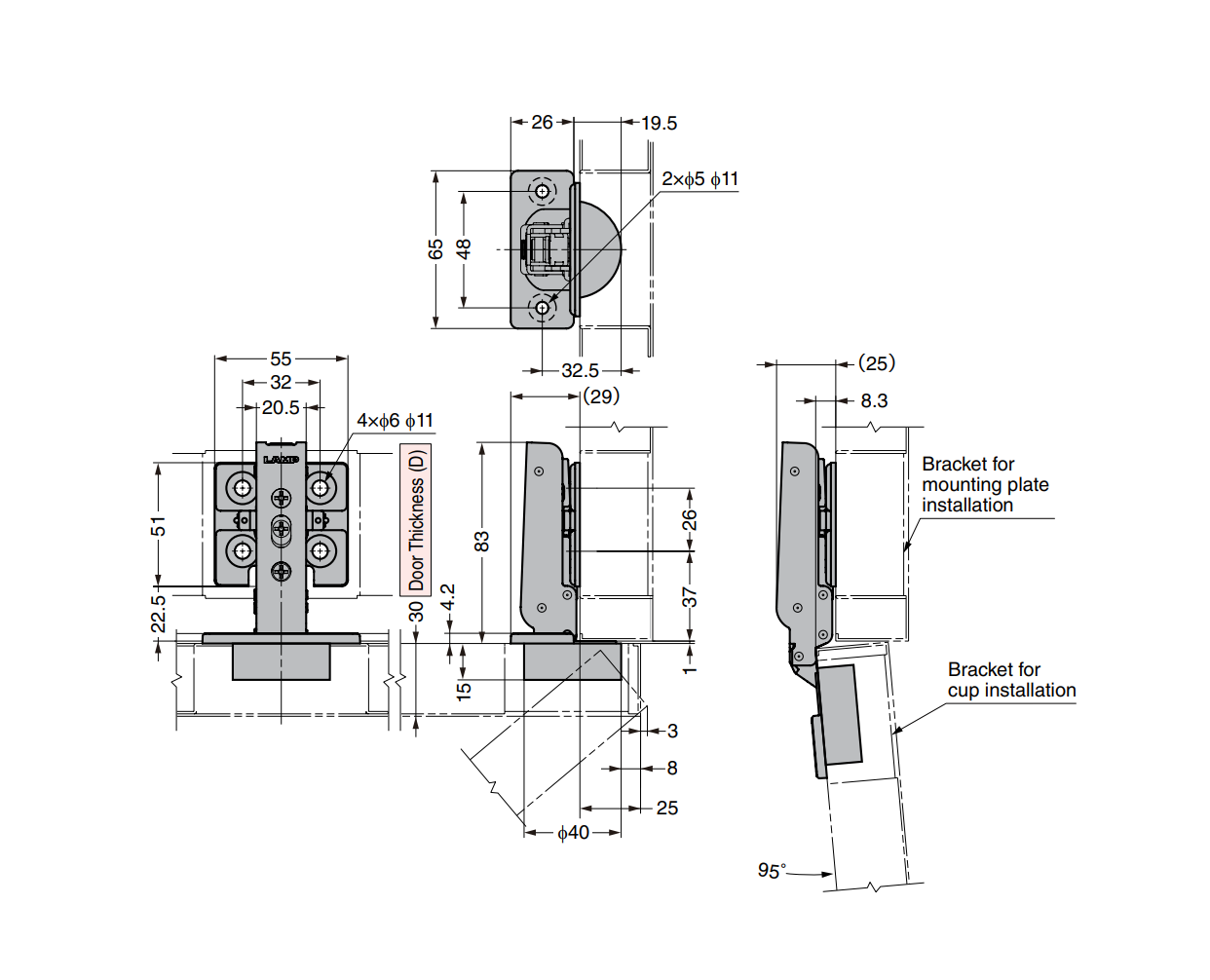 Cabinet hinge, steel, flush door - concealed, fixed pin, L=65, B=139, H=25