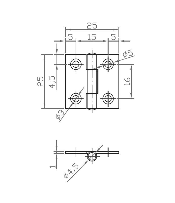Butt hinge w/holes, stainless steel, L=25, B=25, T=0,9