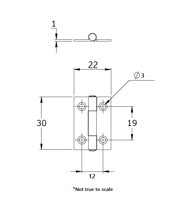 Butt hinge w/holes, stainless steel, L=30, B=22, T=1