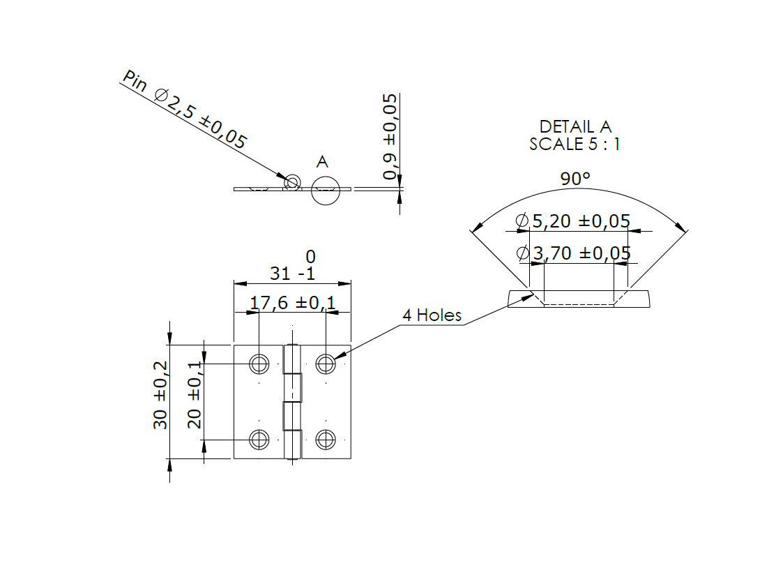 Butt hinge w/holes, stainless steel, L=30, B=31, T=0,9